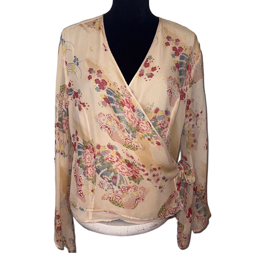 Chadwick’s Size 16 Silk Floral Print Wrap Top Sheer Bell Sleeves
